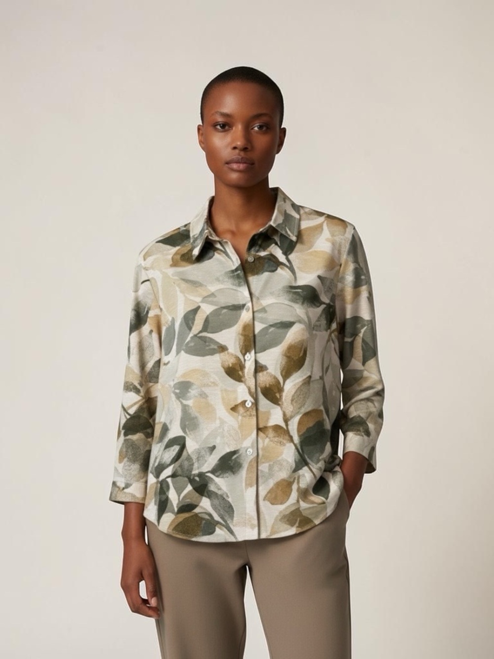 Alfred Dunner Olive & Taupe Leaf-Print Button-Down Shirt